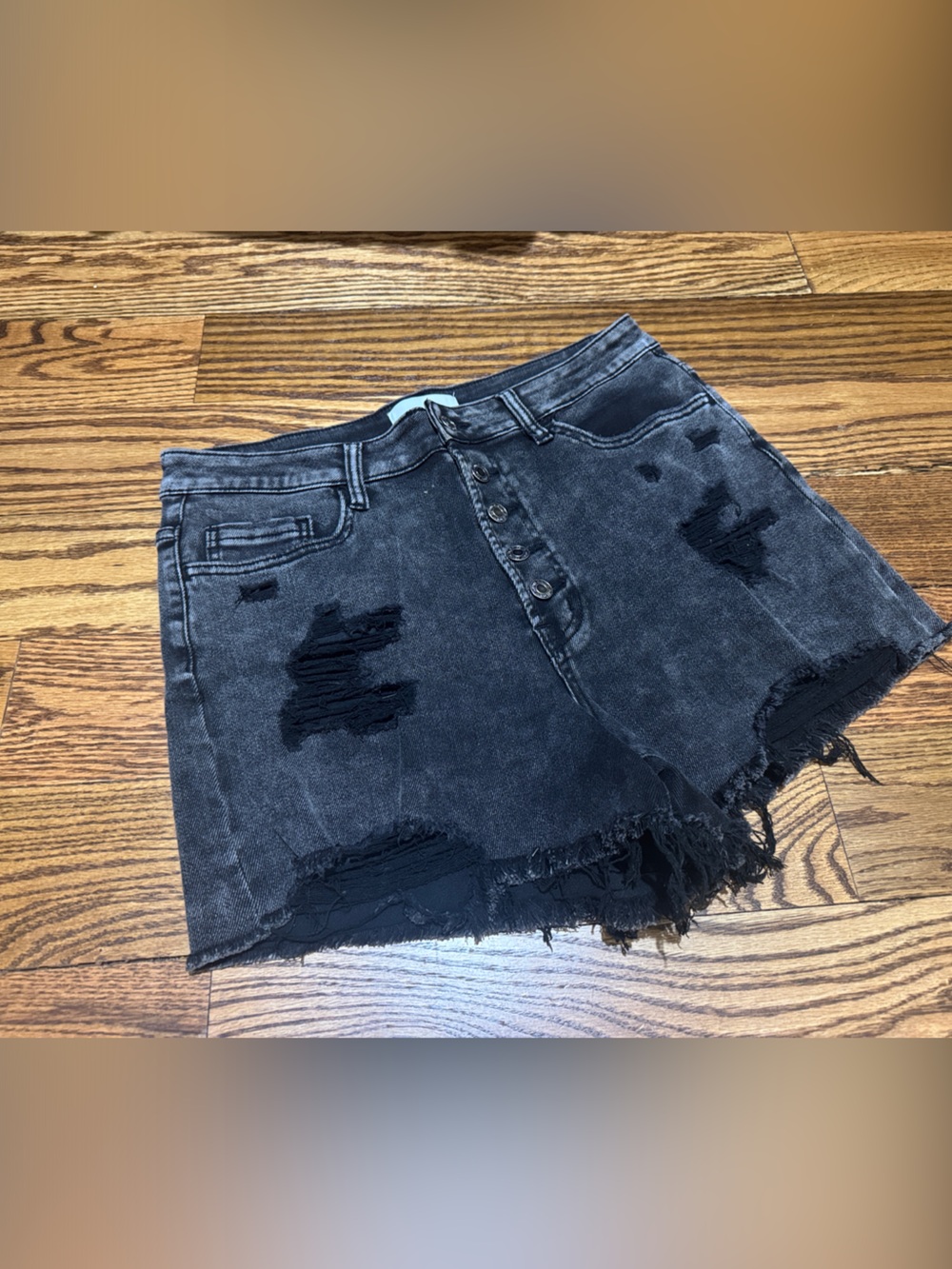 Distressed Black Denim Shorts